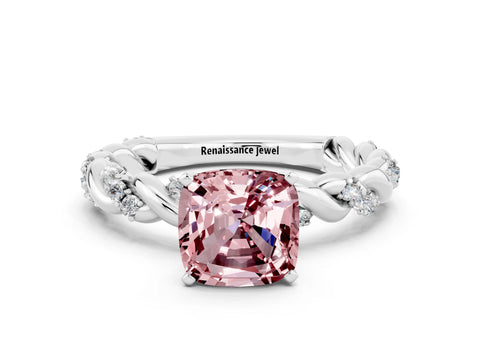 White gold Cushion Cut Morganite Solitaire Ring with Twisted Band and Pavé Accents