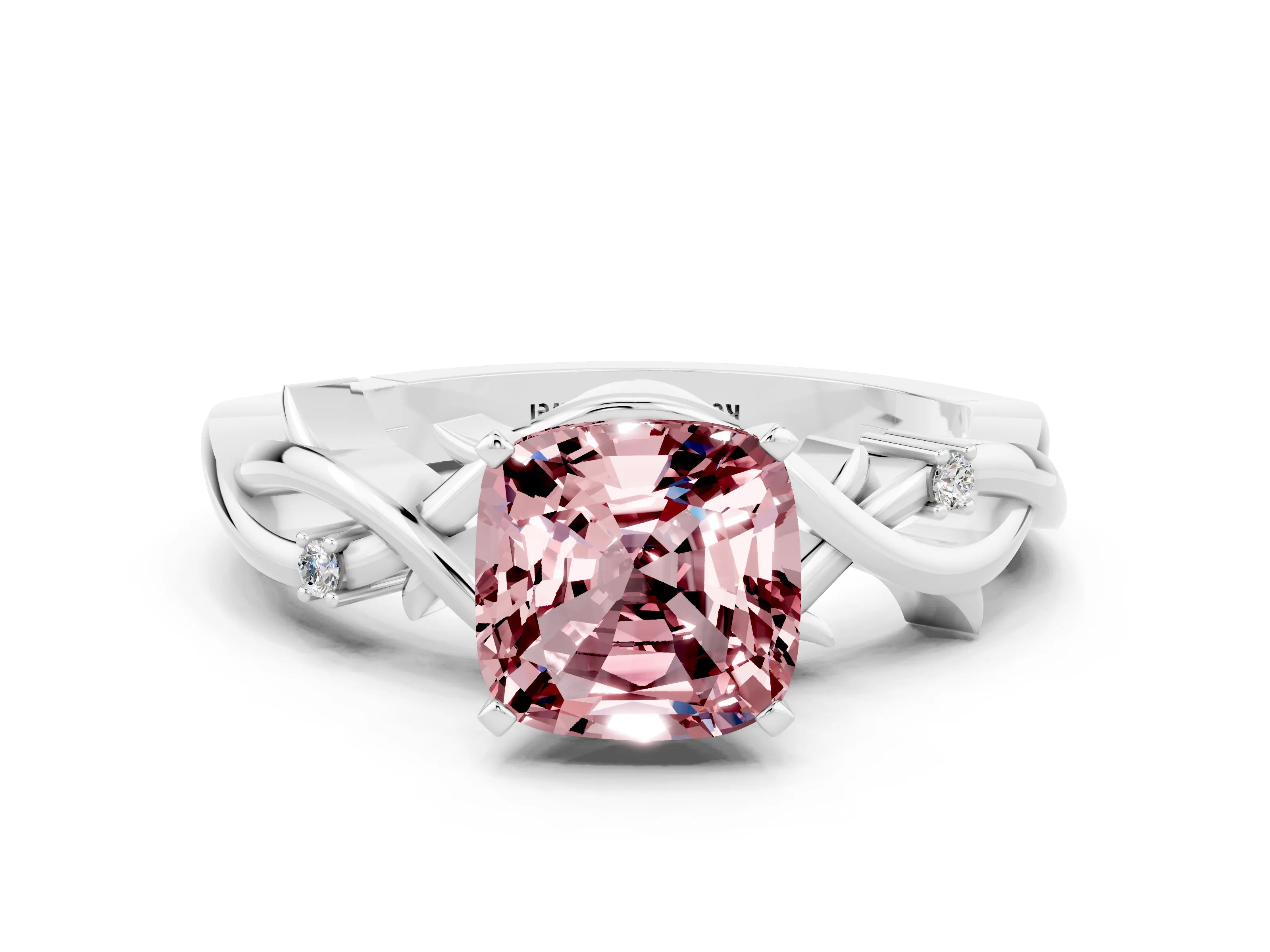 White gold Cushion Cut Morganite Solitaire Ring with Twisted Band and Prong Setting_12