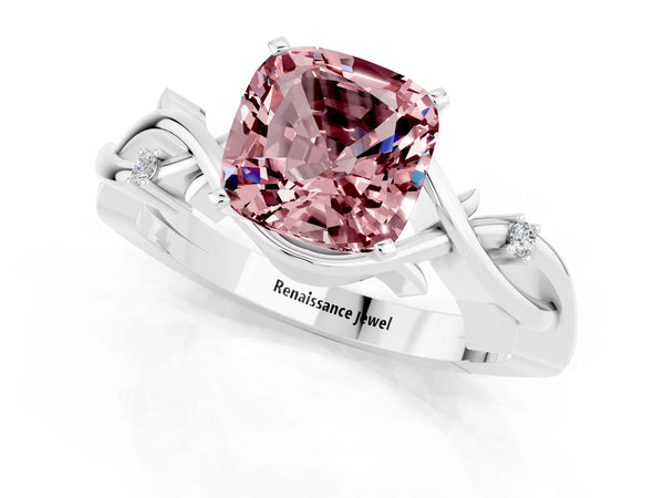 White gold Cushion Cut Morganite Solitaire Ring with Twisted Band and Prong Setting