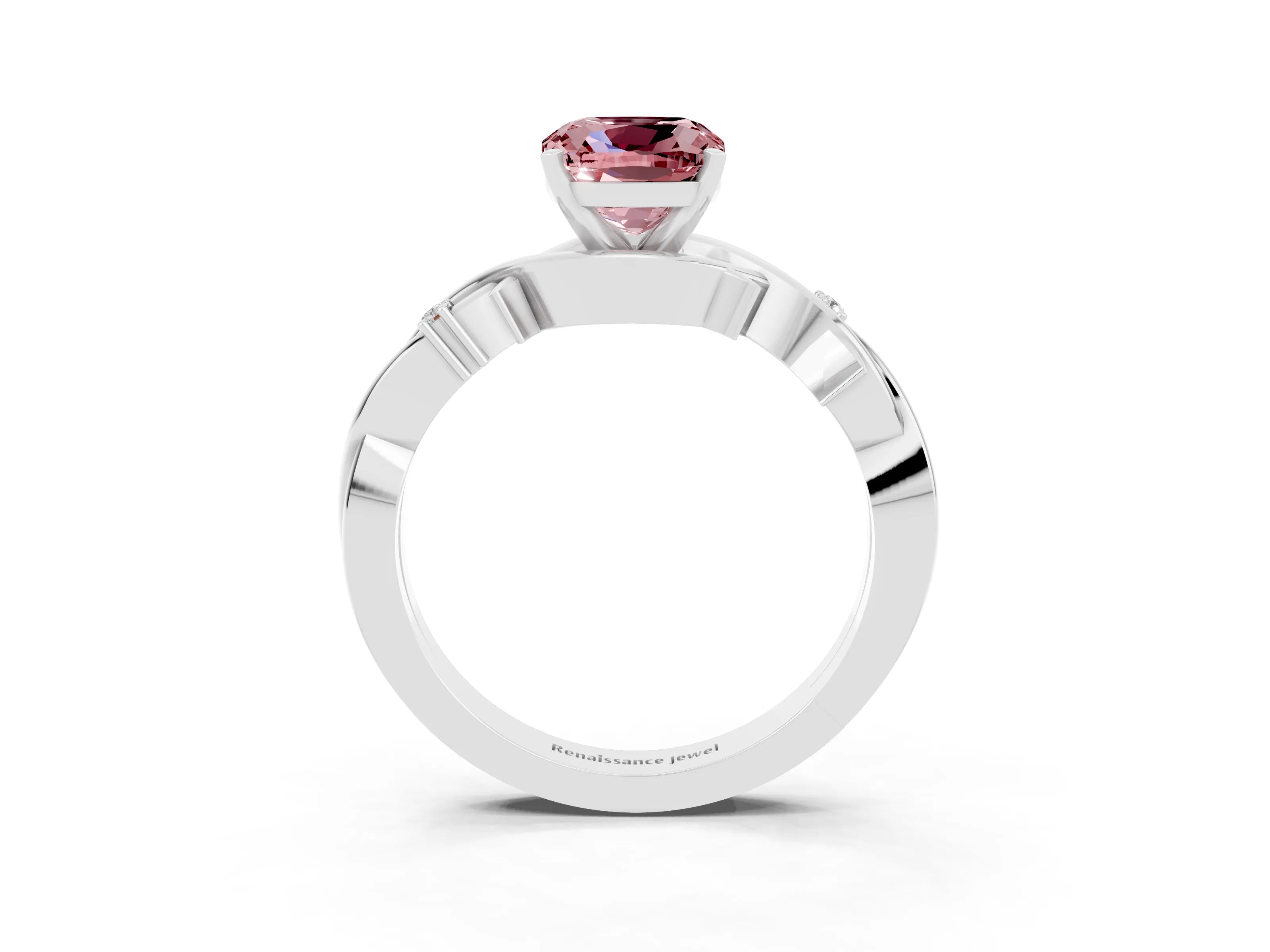 White gold Cushion Cut Morganite Solitaire Ring with Twisted Band and Prong Setting_15