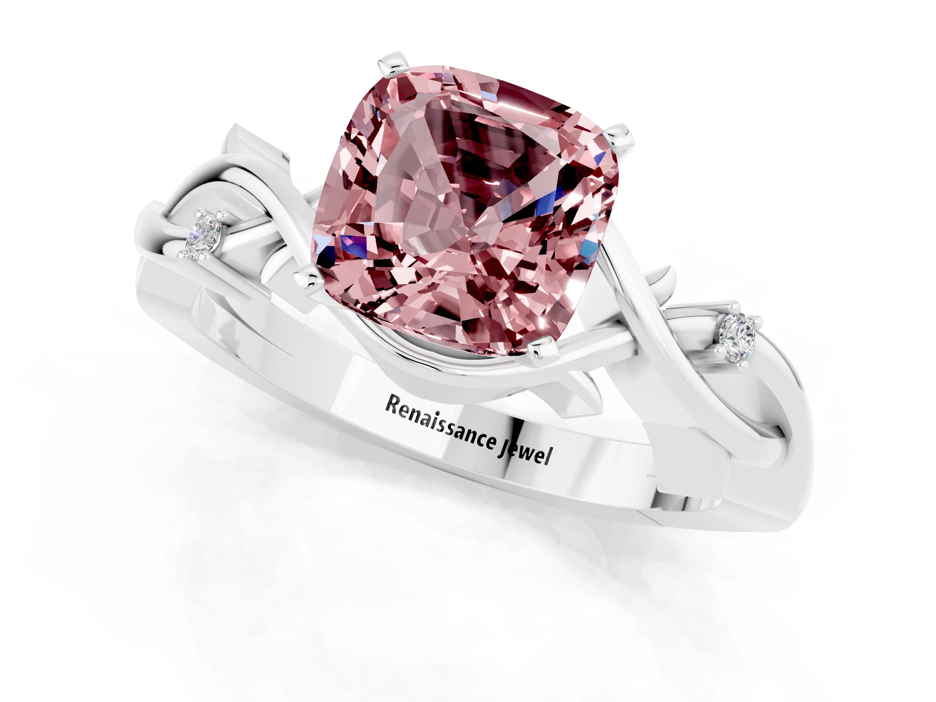 White gold Cushion Cut Morganite Solitaire Ring with Twisted Band and Prong Setting_1