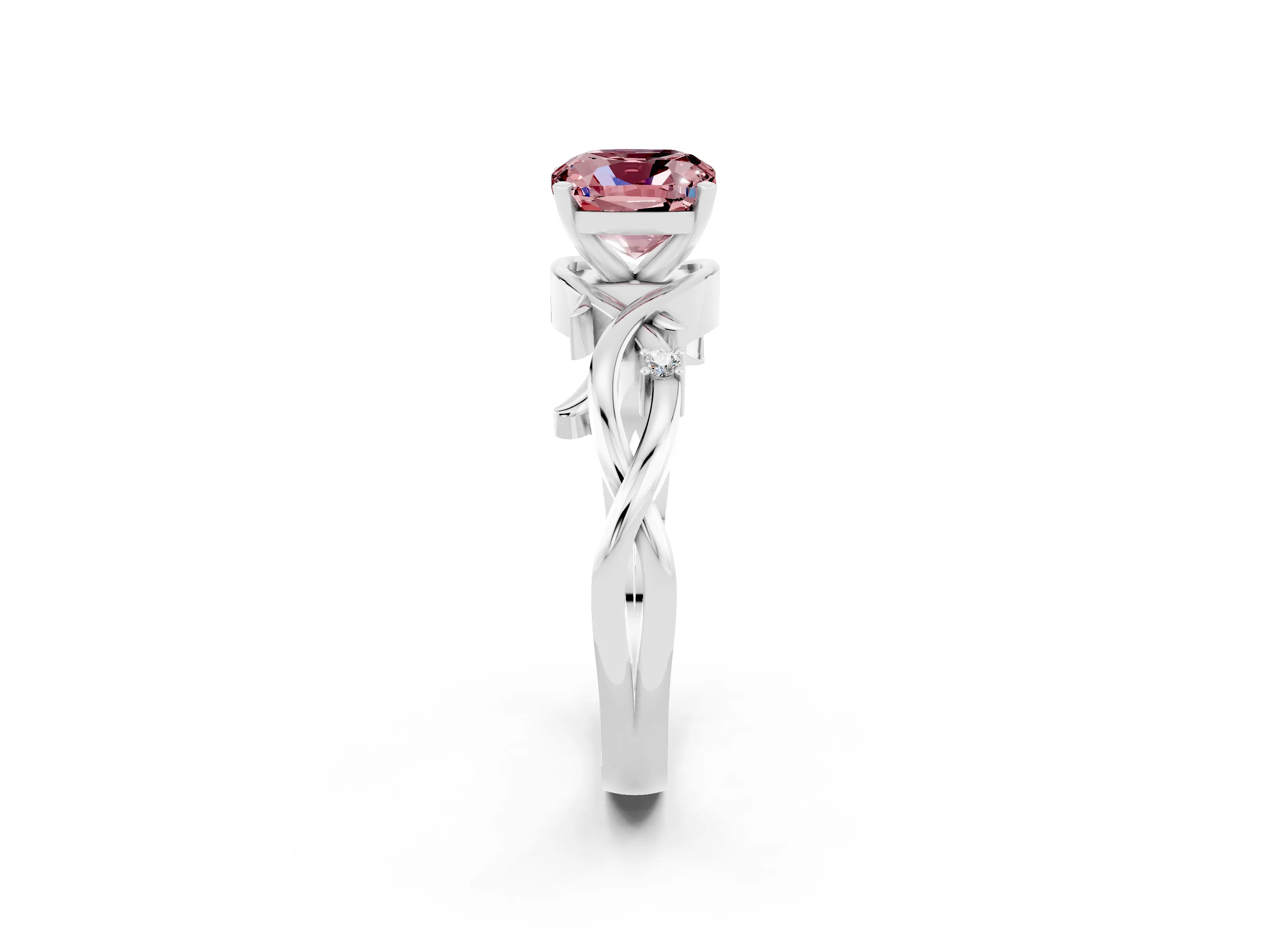 White gold Cushion Cut Morganite Solitaire Ring with Twisted Band and Prong Setting_2