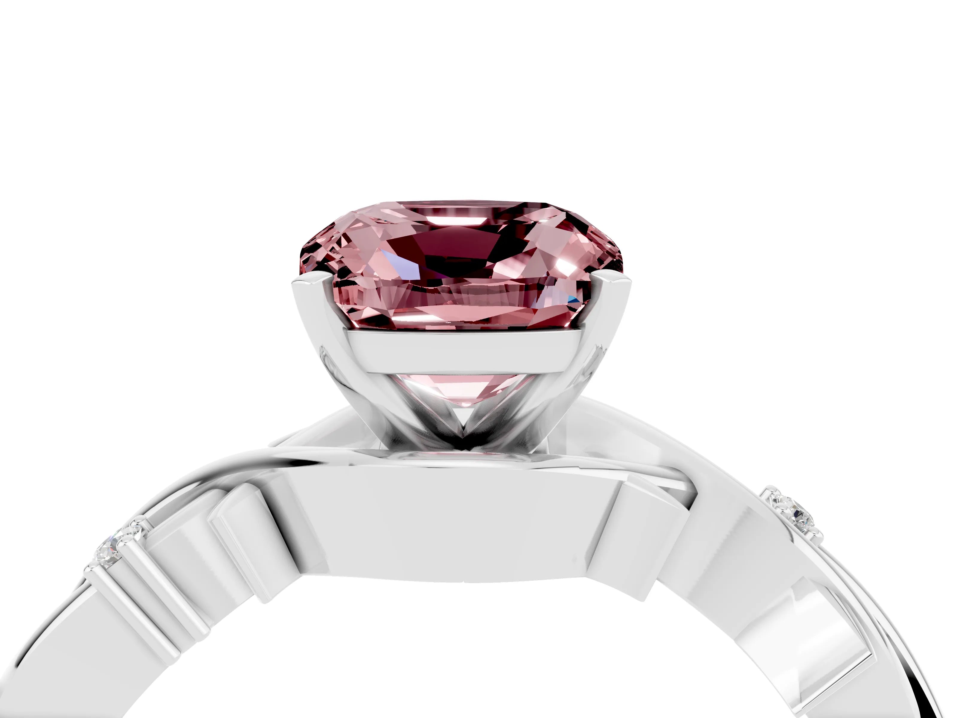White gold Cushion Cut Morganite Solitaire Ring with Twisted Band and Prong Setting_4