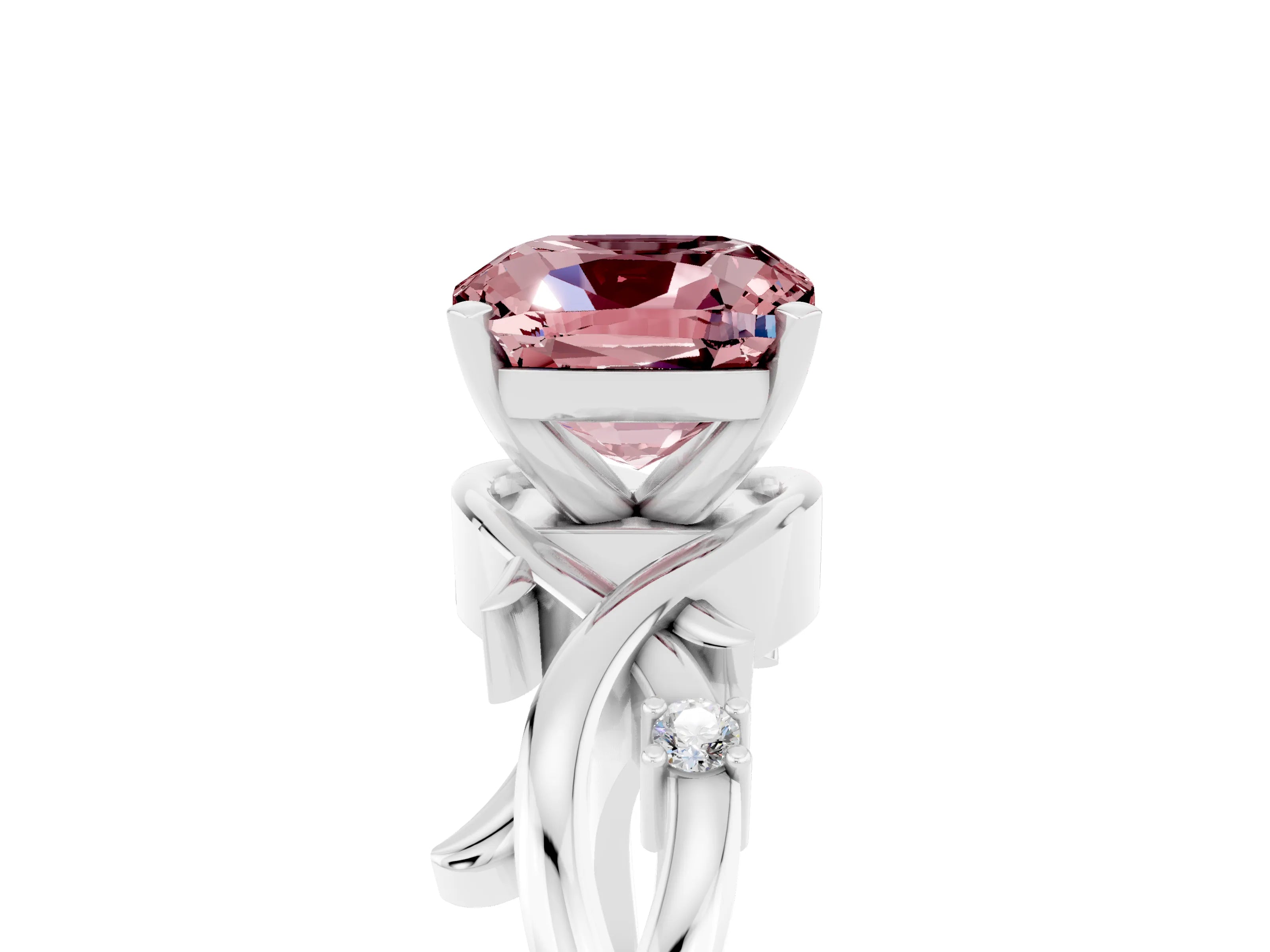 White gold Cushion Cut Morganite Solitaire Ring with Twisted Band and Prong Setting_5