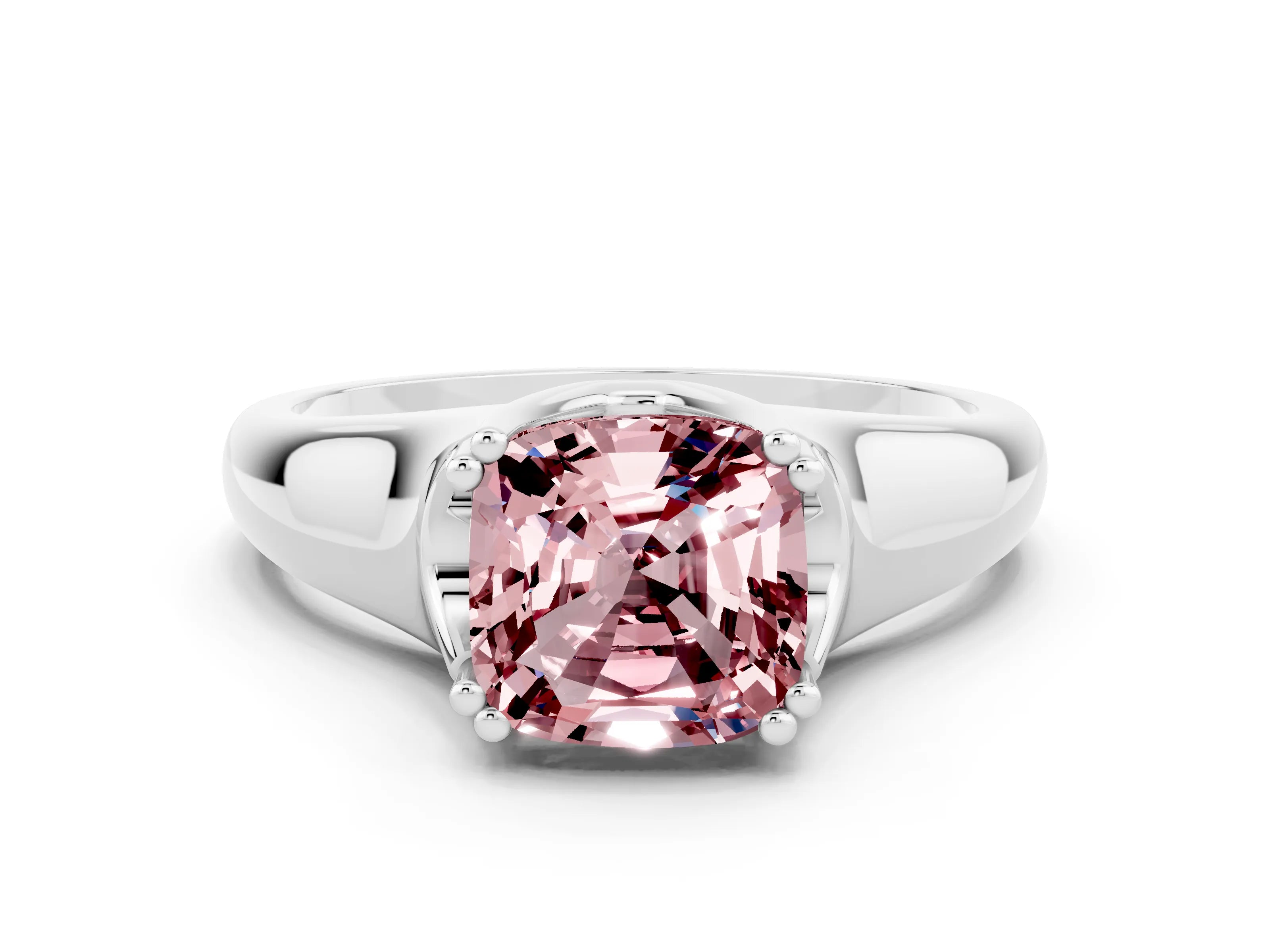 White gold Cushion Cut Morganite Solitaire Ring with Wide Band and Prong Setting