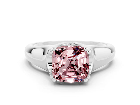White gold Cushion Cut Morganite Solitaire Ring with Wide Band and Prong Setting