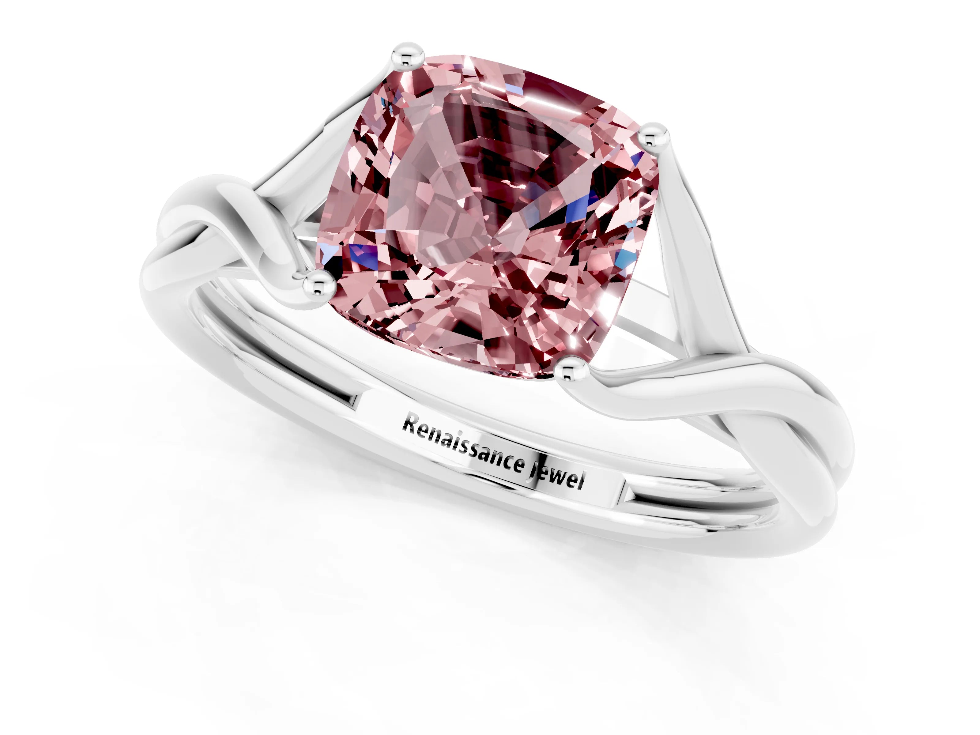 White gold Cushion Cut Morganite Solitaire Twist Band Prong Setting Ring_102