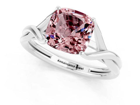 White gold Cushion Cut Morganite Solitaire Twist Band Prong Setting Ring_94