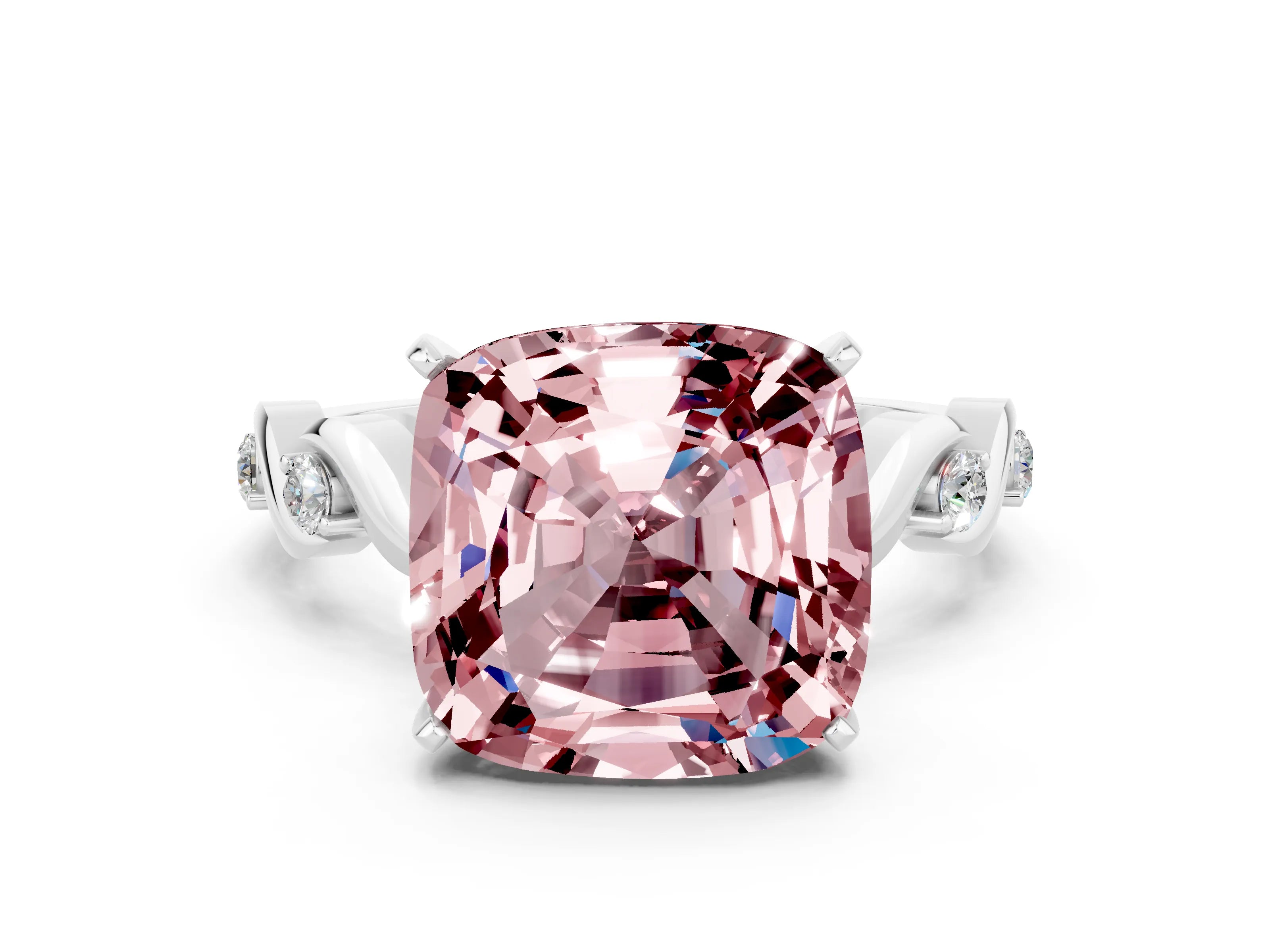 White gold Cushion Cut Morganite Solitaire Twisted Band with Round  Accents and Prong Setting_12