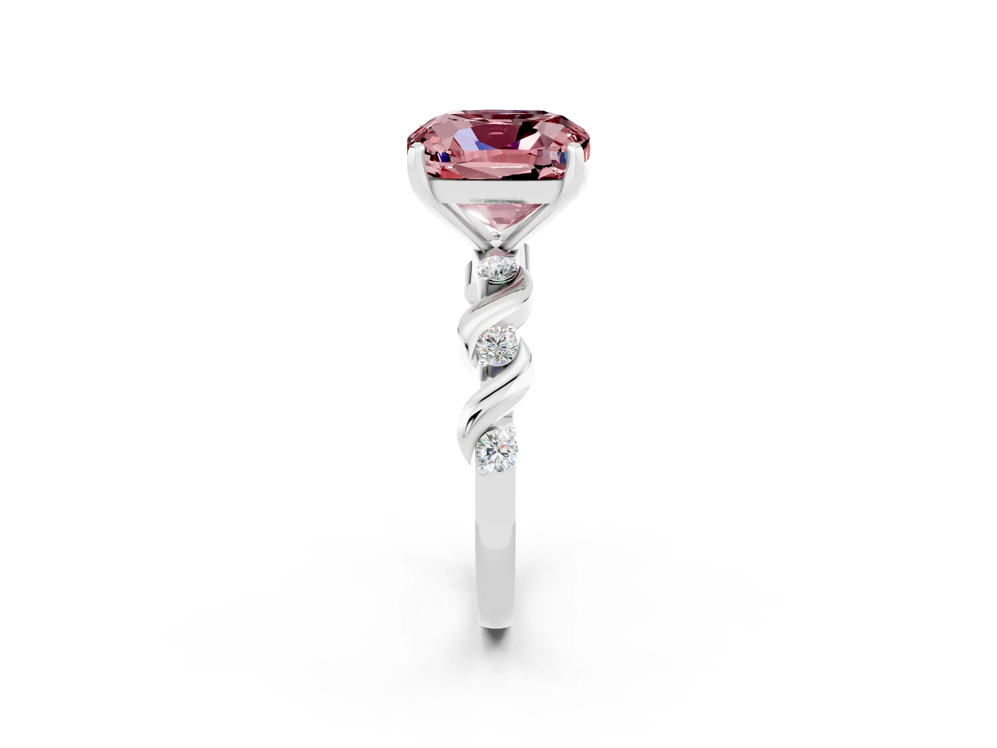 White gold Cushion Cut Morganite Solitaire Twisted Band with Round  Accents and Prong Setting_14
