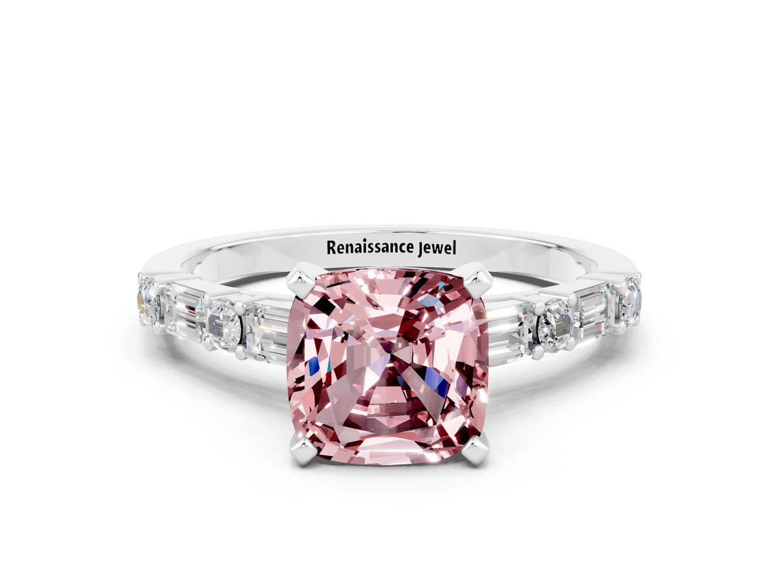 White gold Cushion Cut Morganite Solitaire with Side Baguettes and Channel Set Band