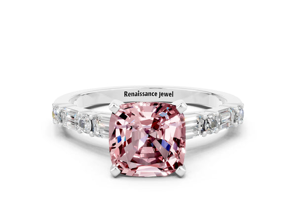 White gold Cushion Cut Morganite Solitaire with Side Baguettes and Channel Set Band
