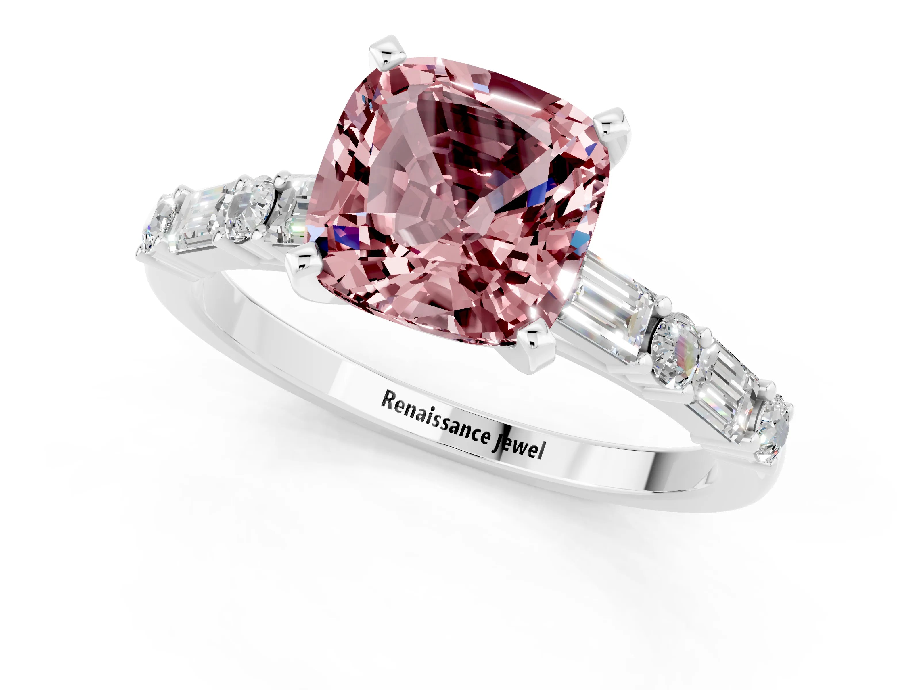White gold Cushion Cut Morganite Solitaire with Side Baguettes and Channel Set Band_1