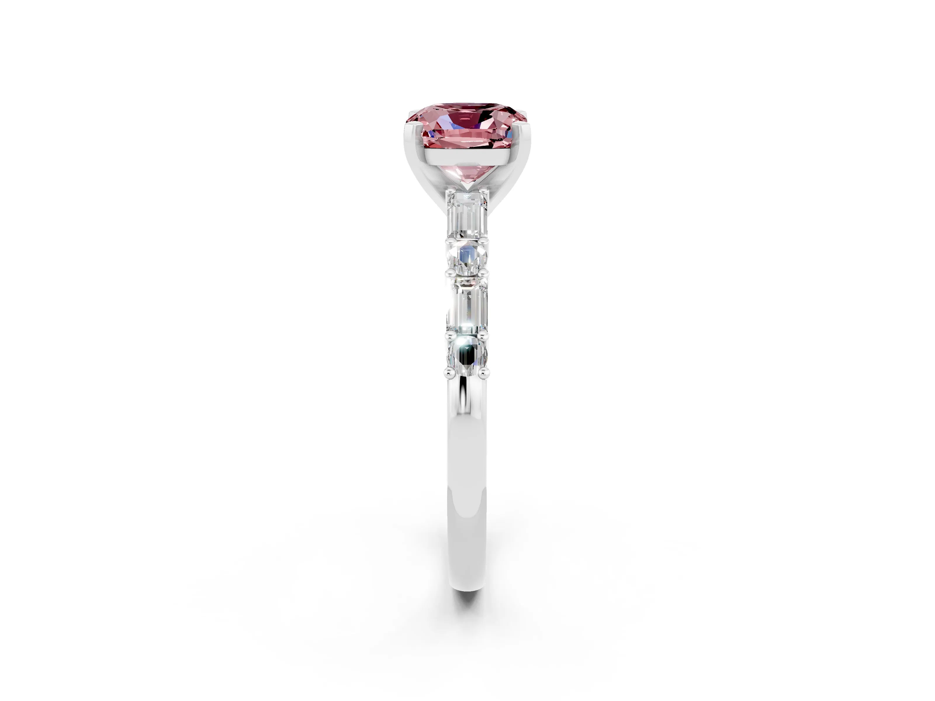 White gold Cushion Cut Morganite Solitaire with Side Baguettes and Channel Set Band_2