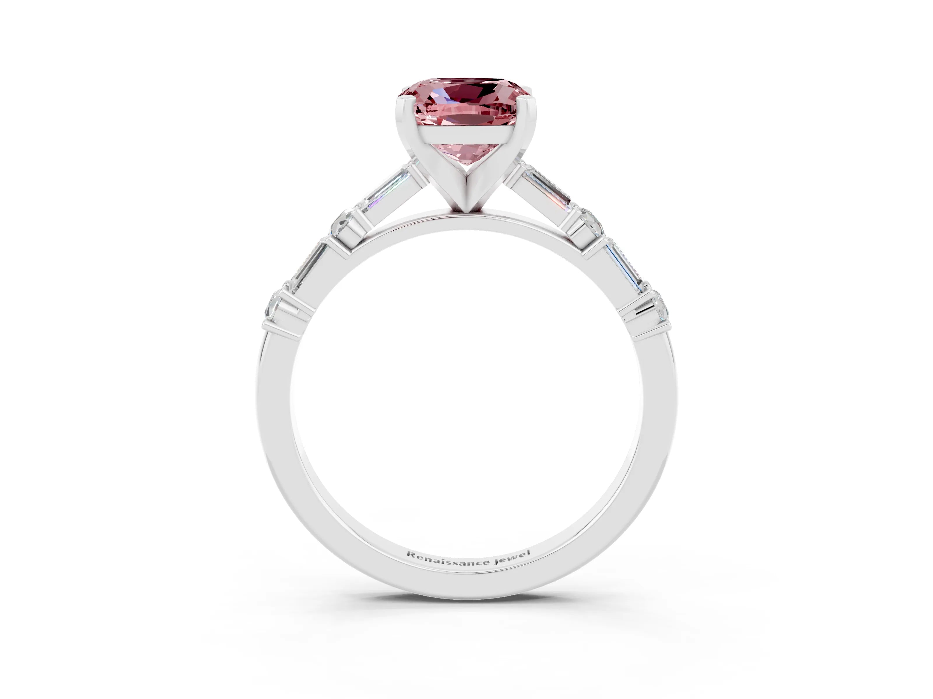White gold Cushion Cut Morganite Solitaire with Side Baguettes and Channel Set Band_3
