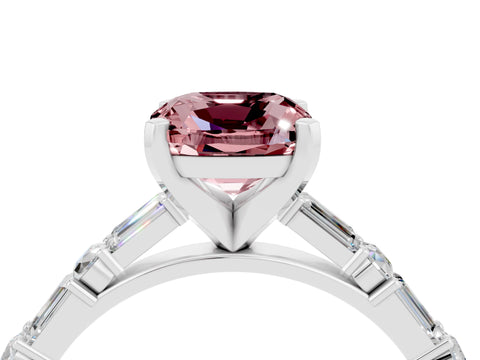 White gold Cushion Cut Morganite Solitaire with Side Baguettes and Channel Set Band_4