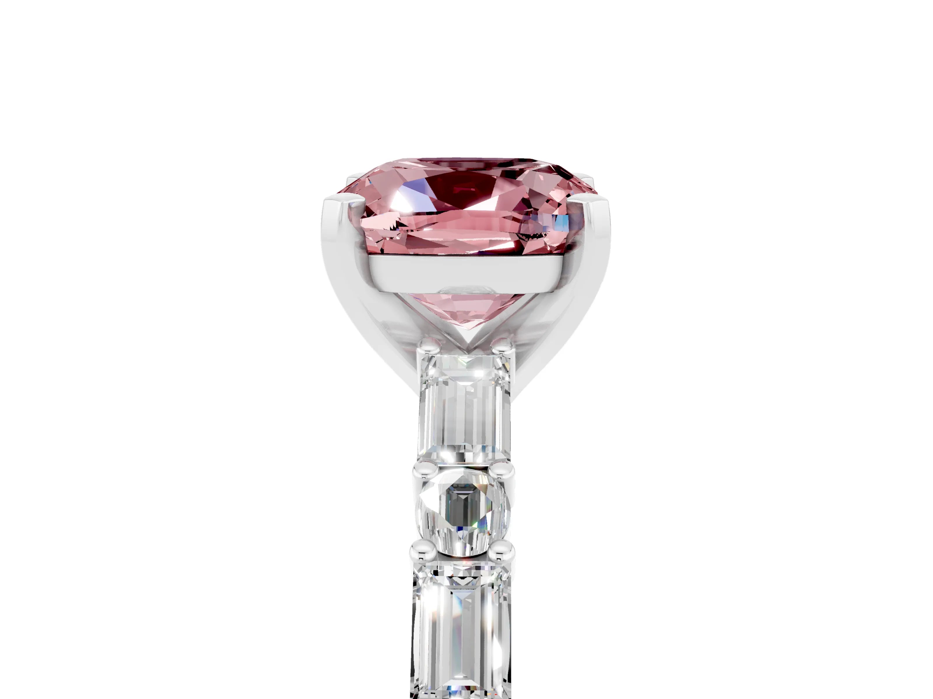 White gold Cushion Cut Morganite Solitaire with Side Baguettes and Channel Set Band_5