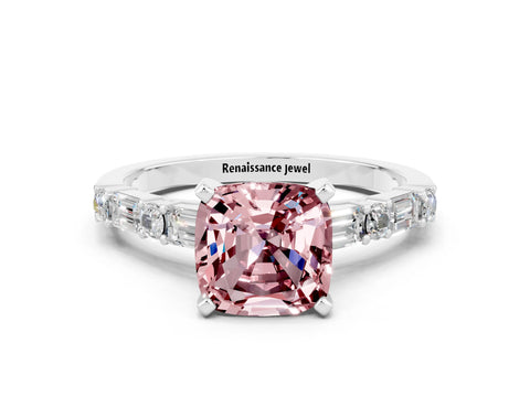 White gold Cushion Cut Morganite Solitaire with Side Baguettes and Channel Set Band