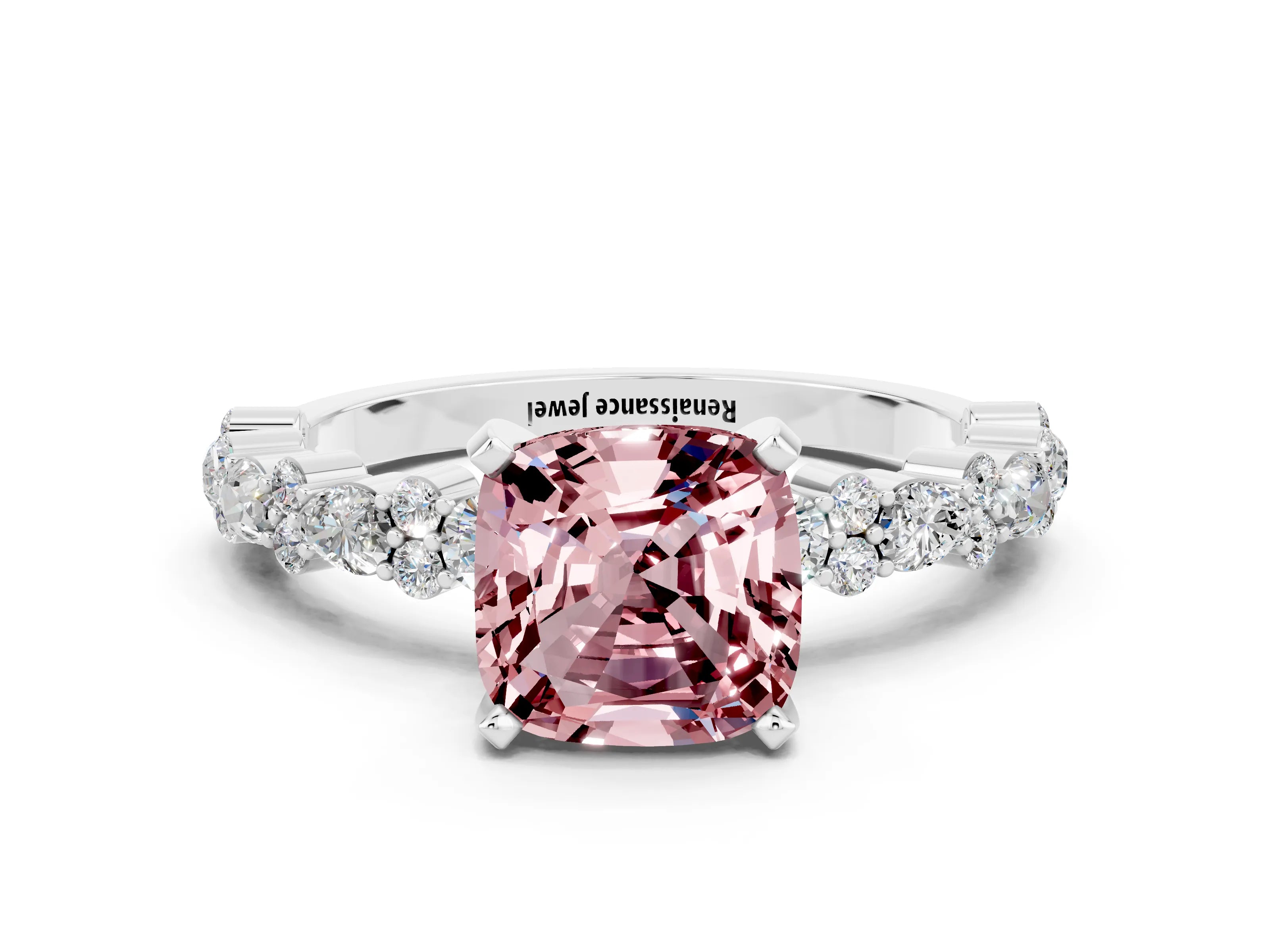 White gold Cushion Cut Morganite Solitaire with Side Stones, Pave Band, Four-Prong Setting_36