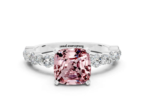 White gold Cushion Cut Morganite Solitaire with Side Stones, Pave Band, Four-Prong Setting_36
