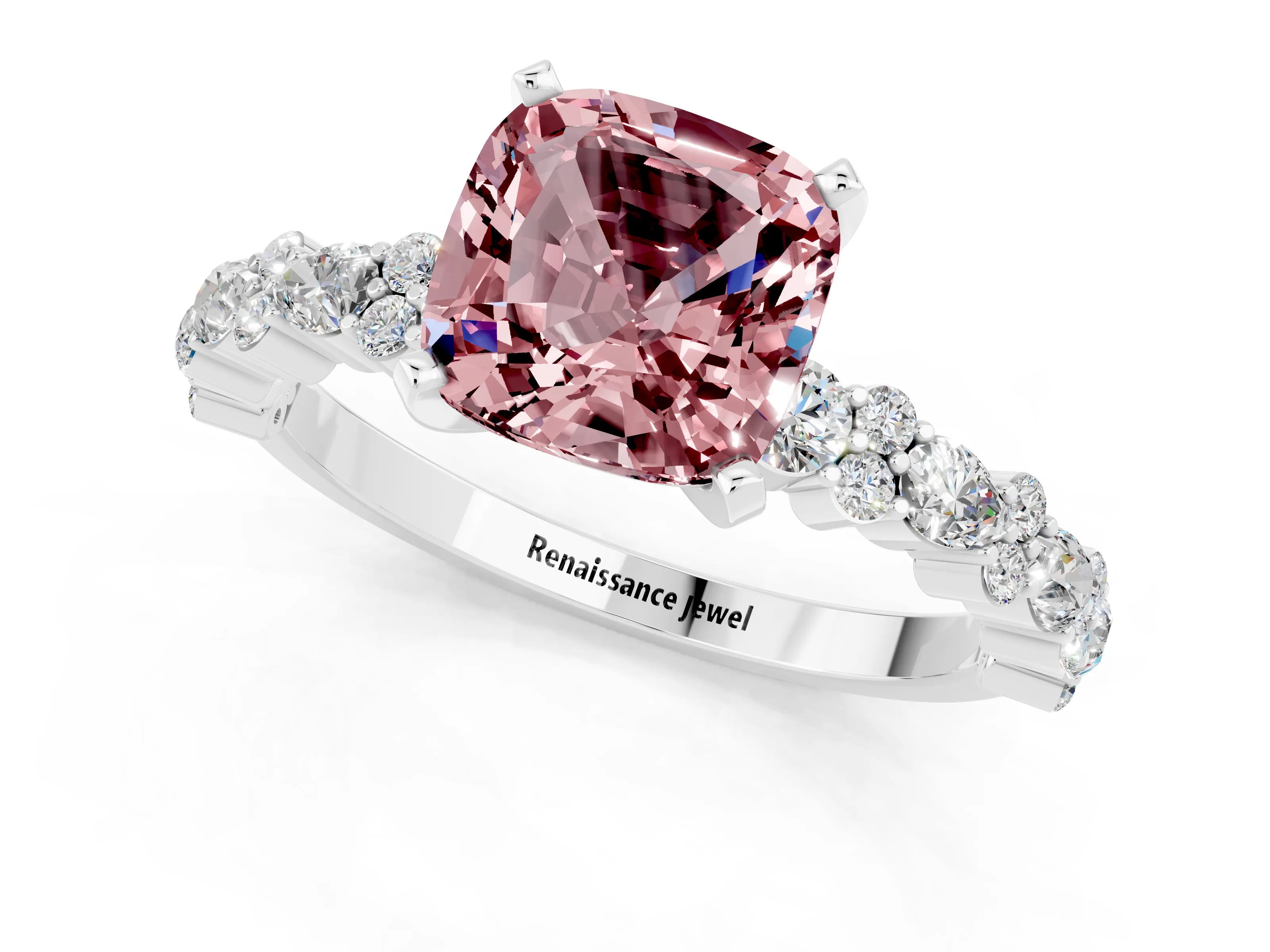 White gold Cushion Cut Morganite Solitaire with Side Stones, Pave Band, Four-Prong Setting_37