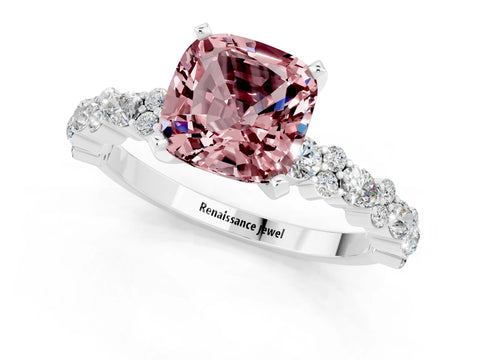 White gold Cushion Cut Morganite Solitaire with Side Stones, Pave Band, Four-Prong Setting_37