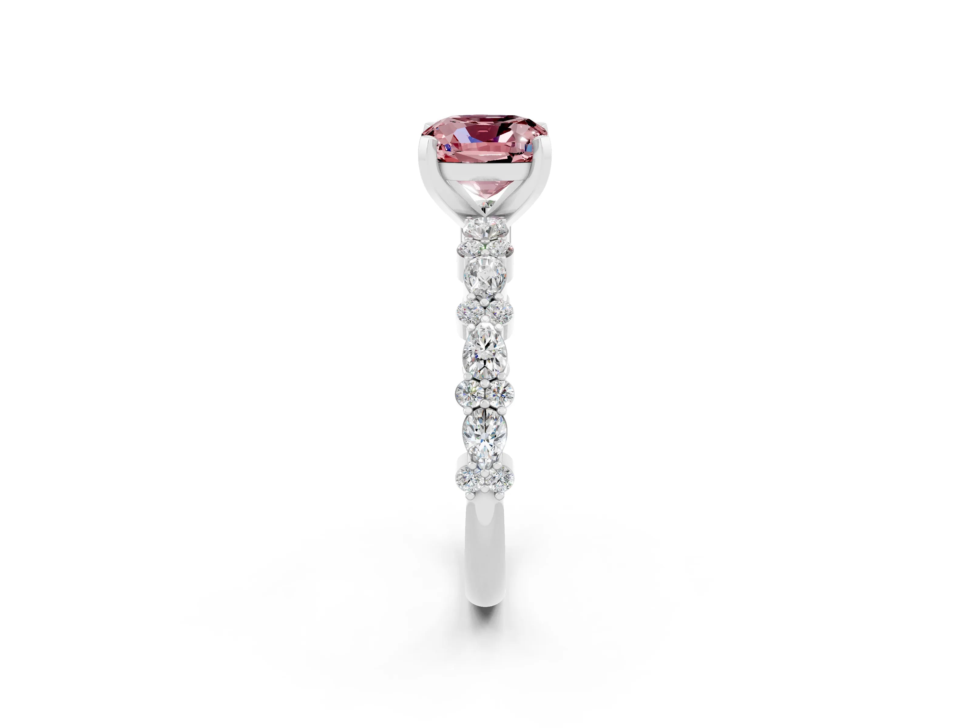 White gold Cushion Cut Morganite Solitaire with Side Stones, Pave Band, Four-Prong Setting_38