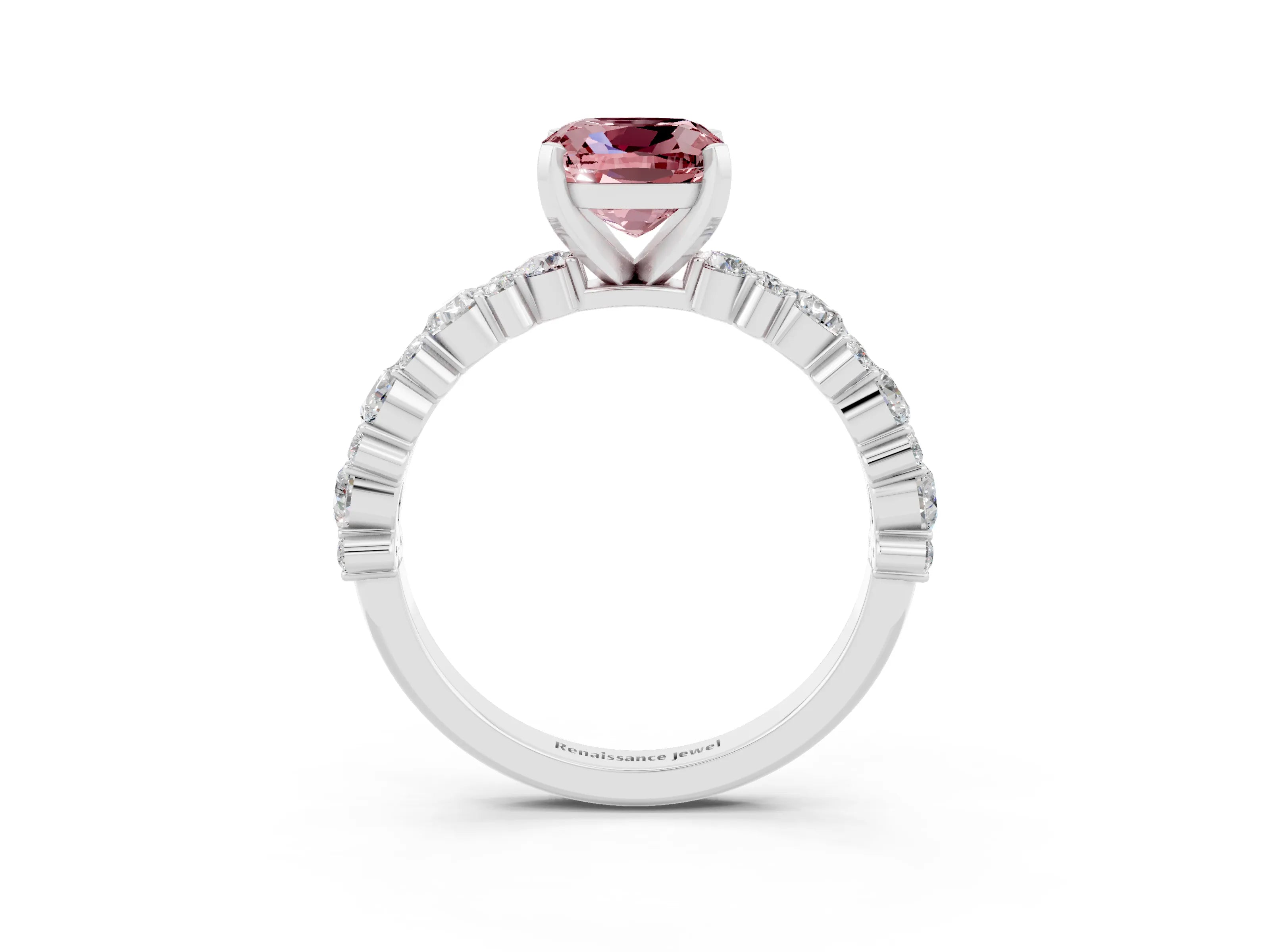 White gold Cushion Cut Morganite Solitaire with Side Stones, Pave Band, Four-Prong Setting_39