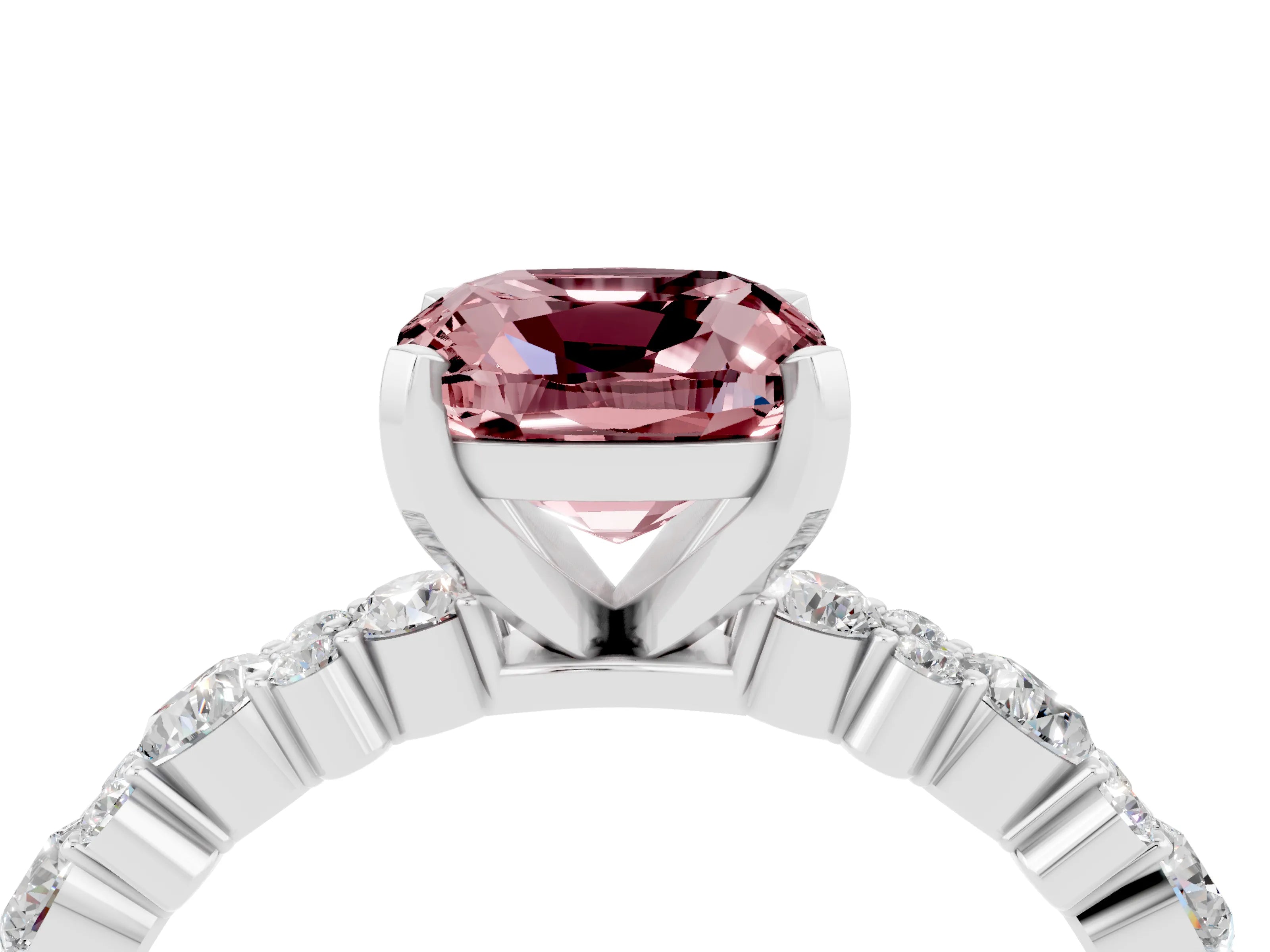 White gold Cushion Cut Morganite Solitaire with Side Stones, Pave Band, Four-Prong Setting_40
