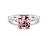 White gold Cushion Cut Morganite Solitaire with Side Stones on a Pavé Band and Four-Prong Setting