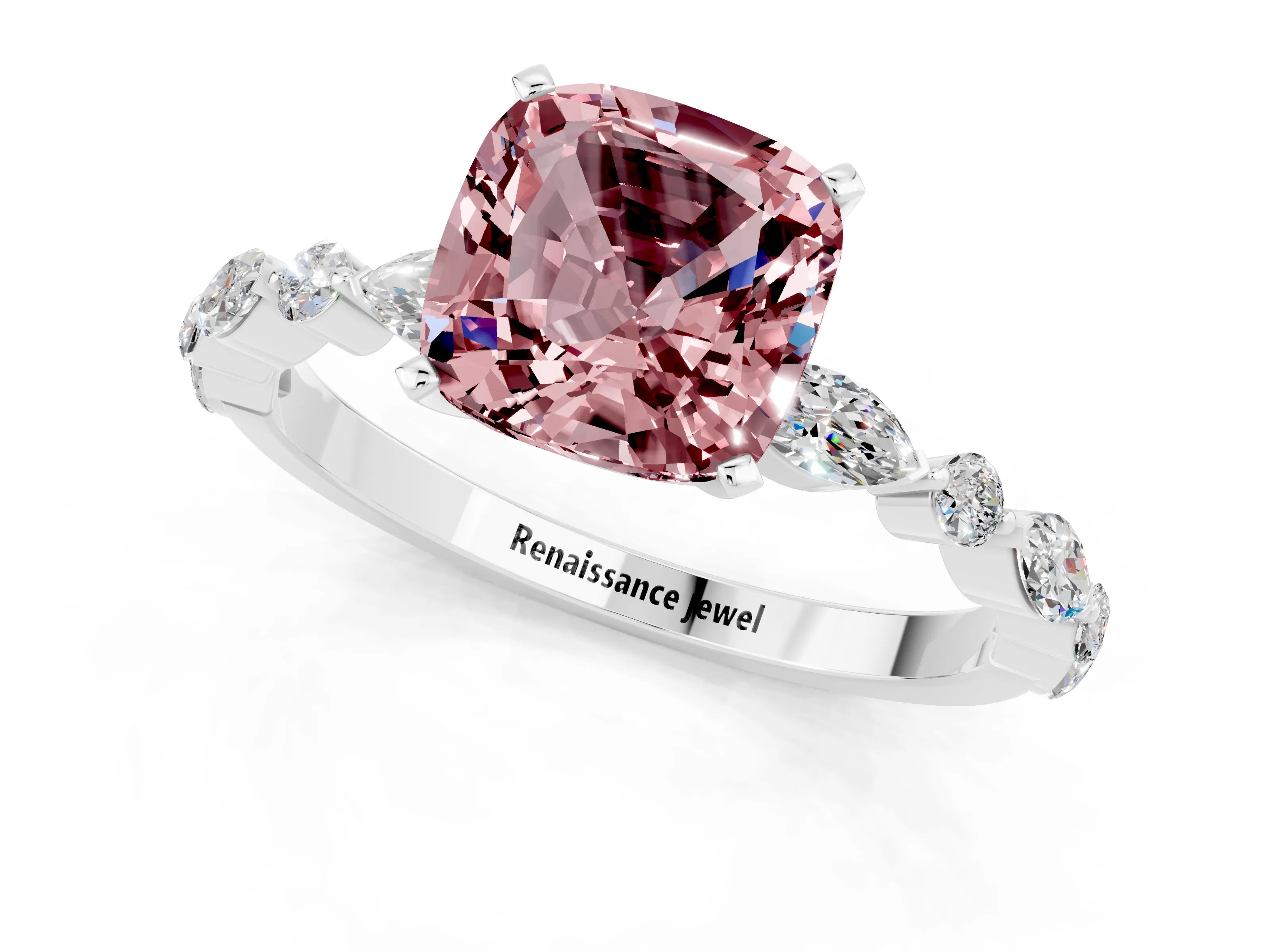 White gold Cushion Cut Morganite Solitaire with Side Stones on a Pavé Band and Four-Prong Setting_1