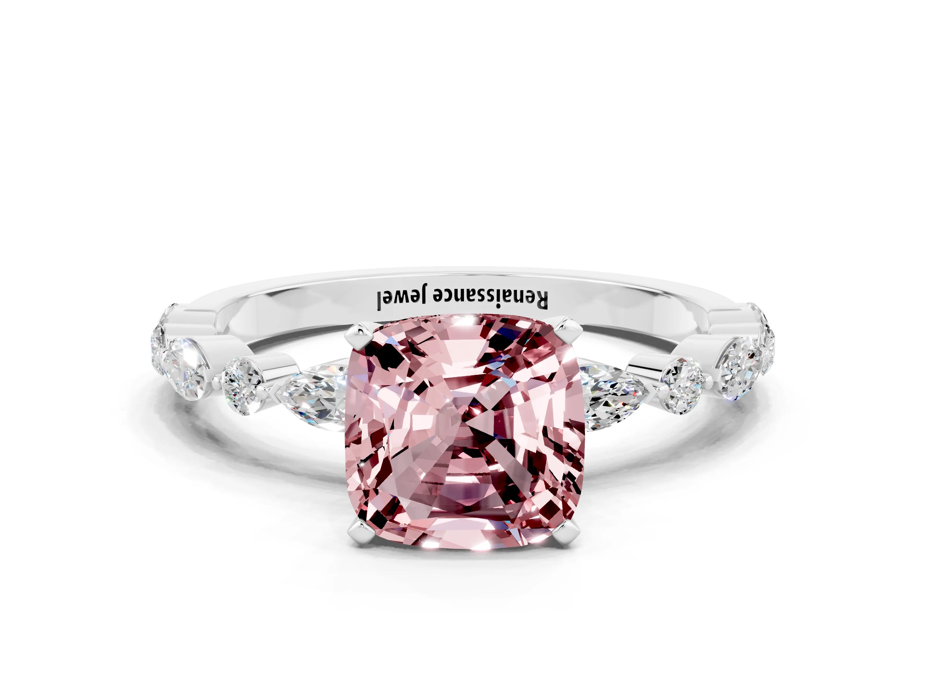 White gold Cushion Cut Morganite Solitaire with Side Stones on a Pavé Band and Four-Prong Setting