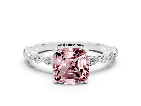 White gold Cushion Cut Morganite Solitaire with Side Stones on a Pavé Band and Four-Prong Setting
