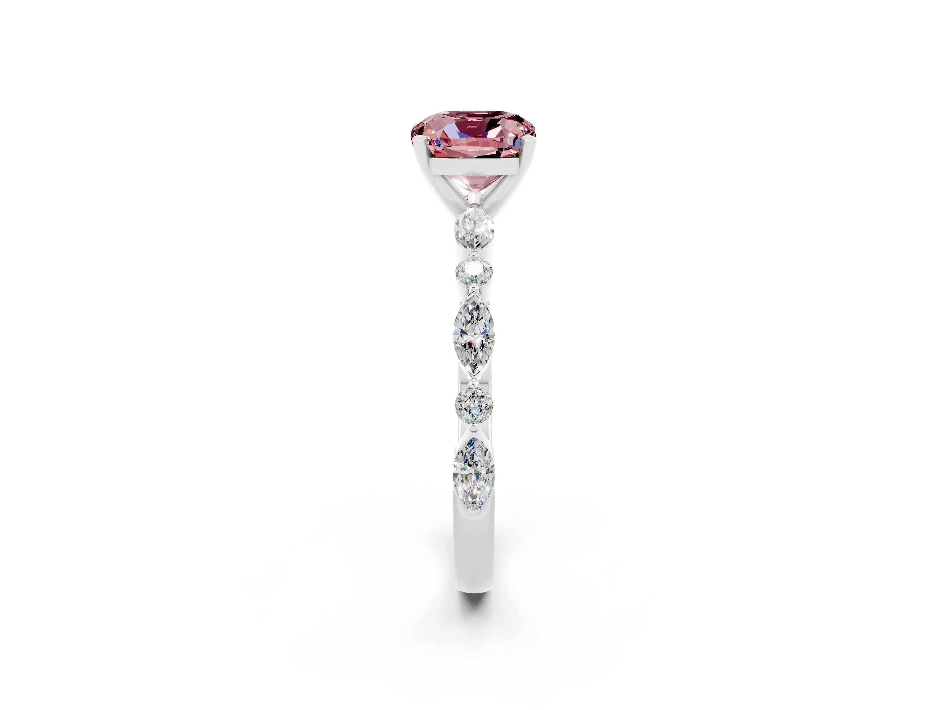 White gold Cushion Cut Morganite Solitaire with Side Stones on a Pavé Band and Four-Prong Setting_2