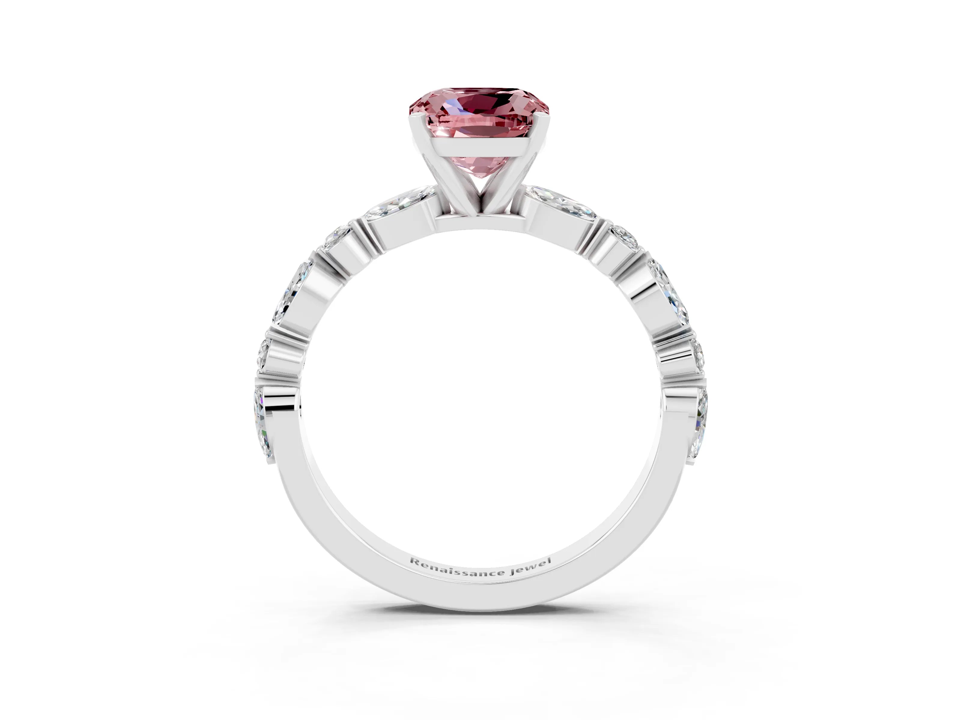 White gold Cushion Cut Morganite Solitaire with Side Stones on a Pavé Band and Four-Prong Setting_3