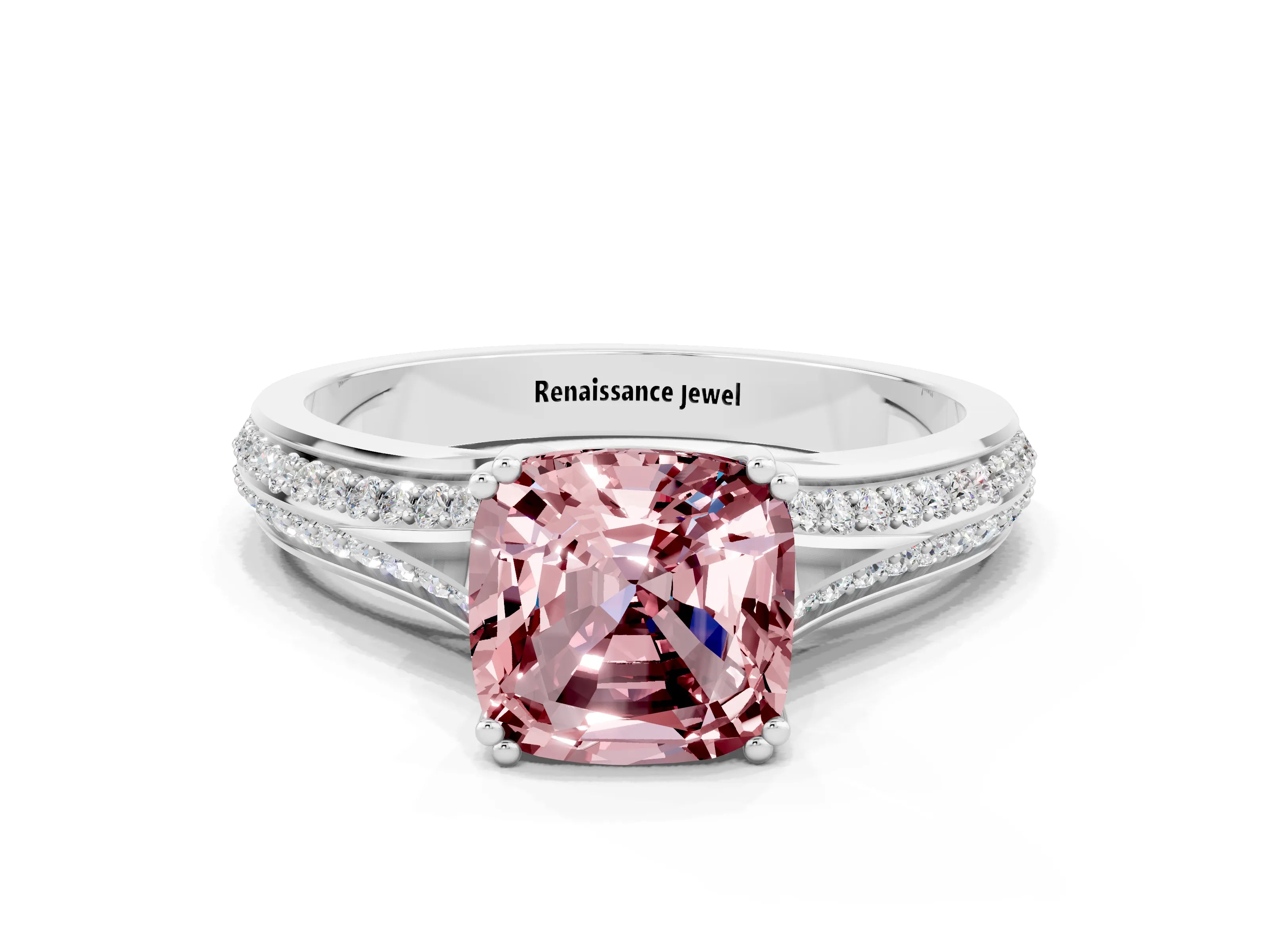 White gold Cushion Cut Morganite Split Shank Engagement Ring with Pavé Band