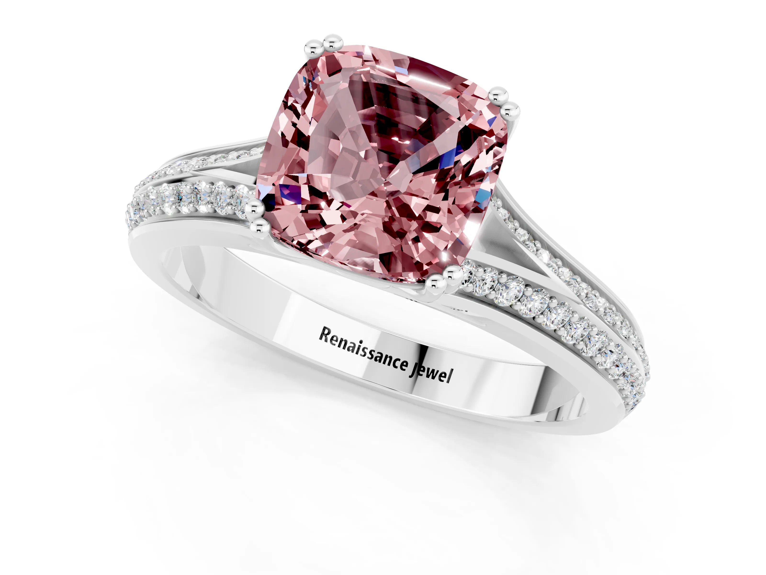 White gold Cushion Cut Morganite Split Shank Engagement Ring with Pavé Band_1