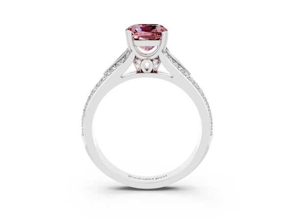 White gold Cushion Cut Morganite Split Shank Engagement Ring with Pavé Band