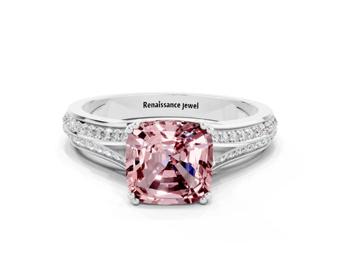White gold Cushion Cut Morganite Split Shank Engagement Ring with Pavé Band