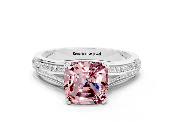 Silver Cushion Cut Morganite Split Shank Engagement Ring with Pavé Band