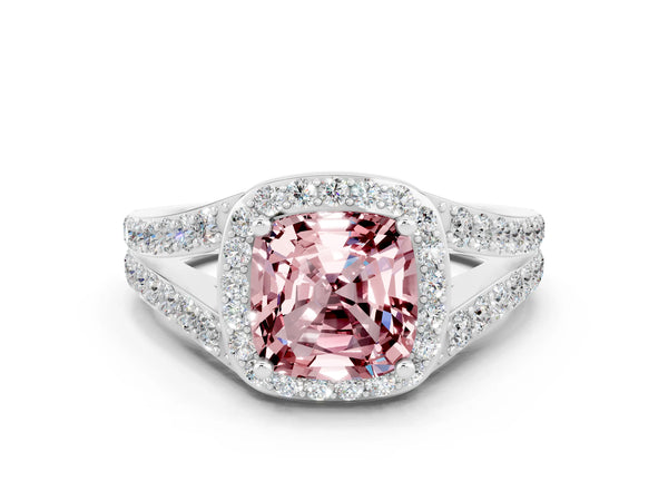Platinum Cushion Cut Morganite Split Shank Halo Ring with Four-Prong Setting