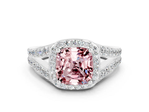 White gold Cushion Cut Morganite Split Shank Halo Ring with Four-Prong Setting_54