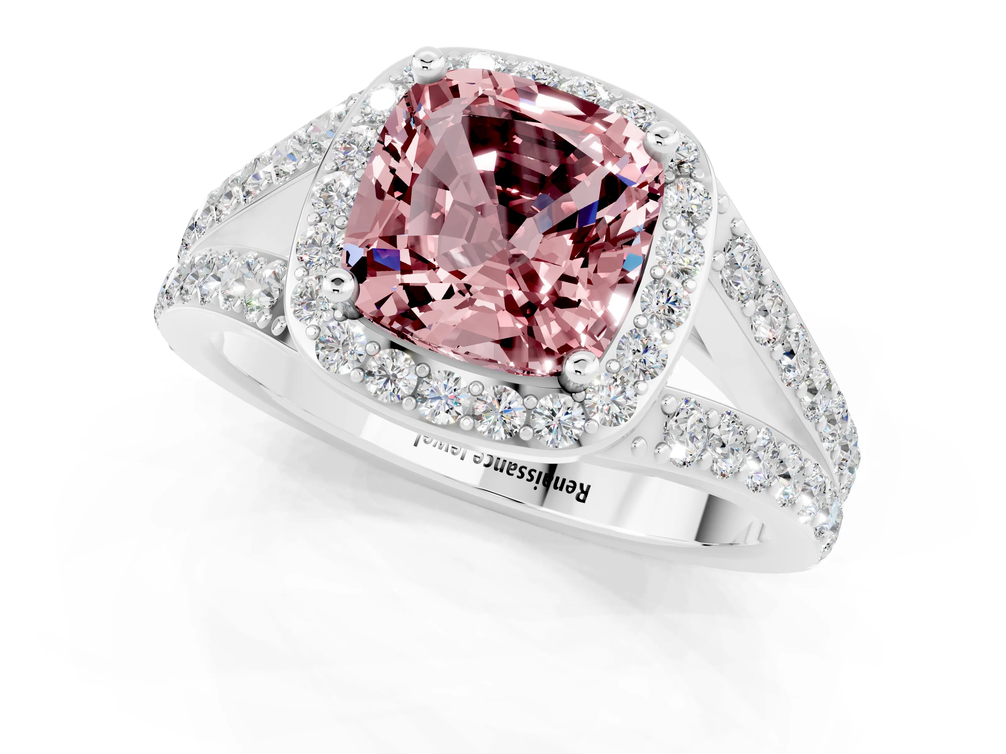 White gold Cushion Cut Morganite Split Shank Halo Ring with Four-Prong Setting_55