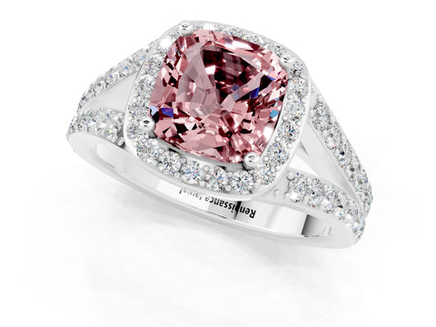 White gold Cushion Cut Morganite Split Shank Halo Ring with Four-Prong Setting_55