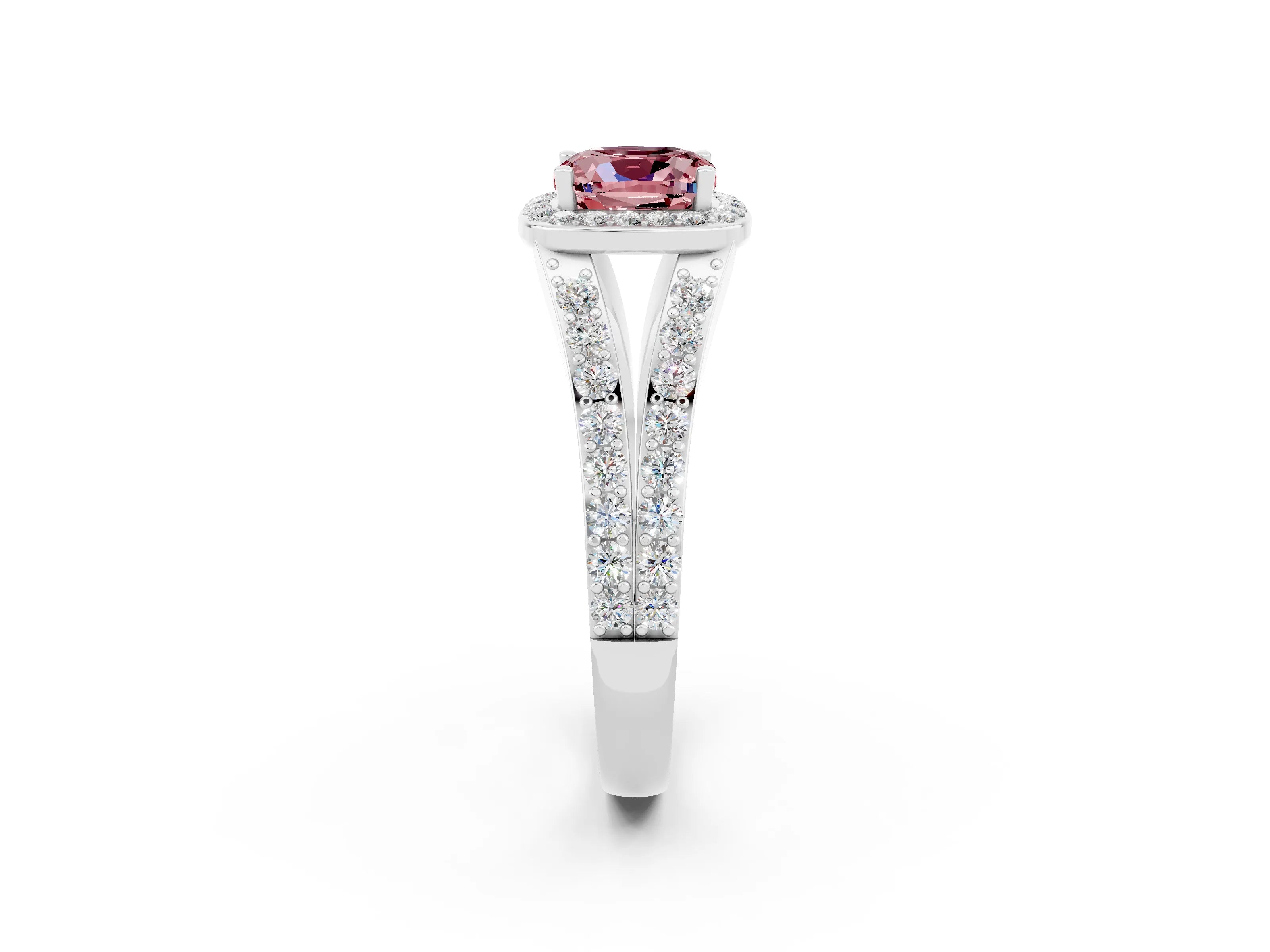 White gold Cushion Cut Morganite Split Shank Halo Ring with Four-Prong Setting_56
