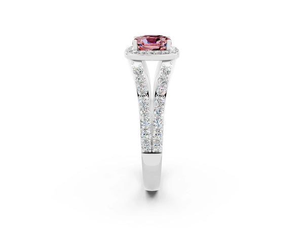 Silver Cushion Cut Morganite Split Shank Halo Ring with Four-Prong Setting