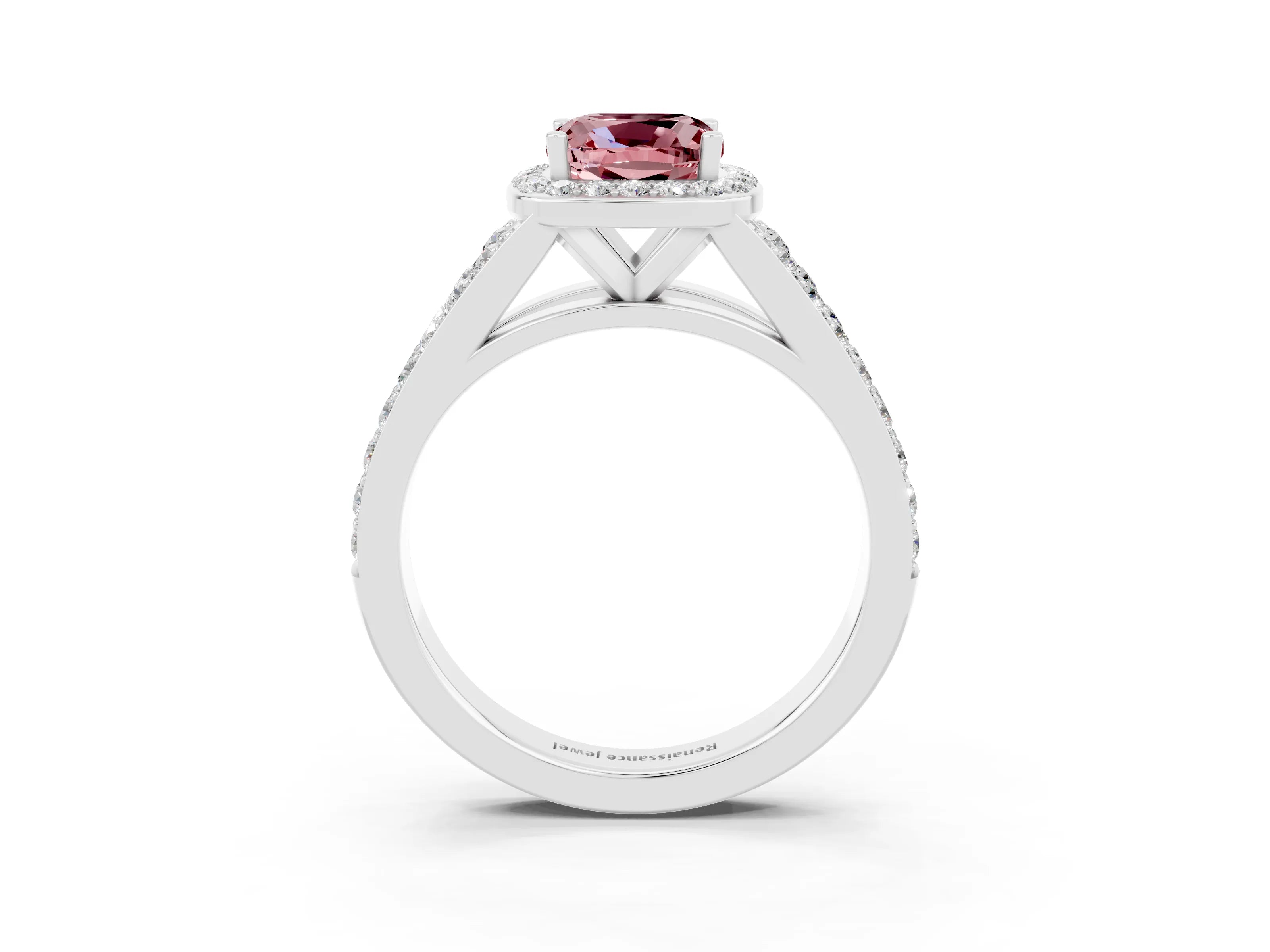 White gold Cushion Cut Morganite Split Shank Halo Ring with Four-Prong Setting_57
