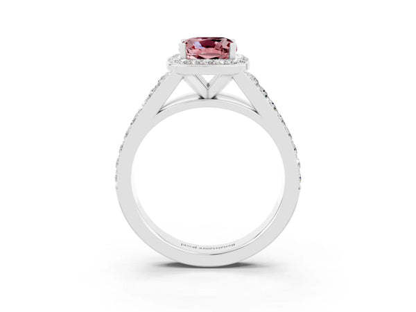 Silver Cushion Cut Morganite Split Shank Halo Ring with Four-Prong Setting