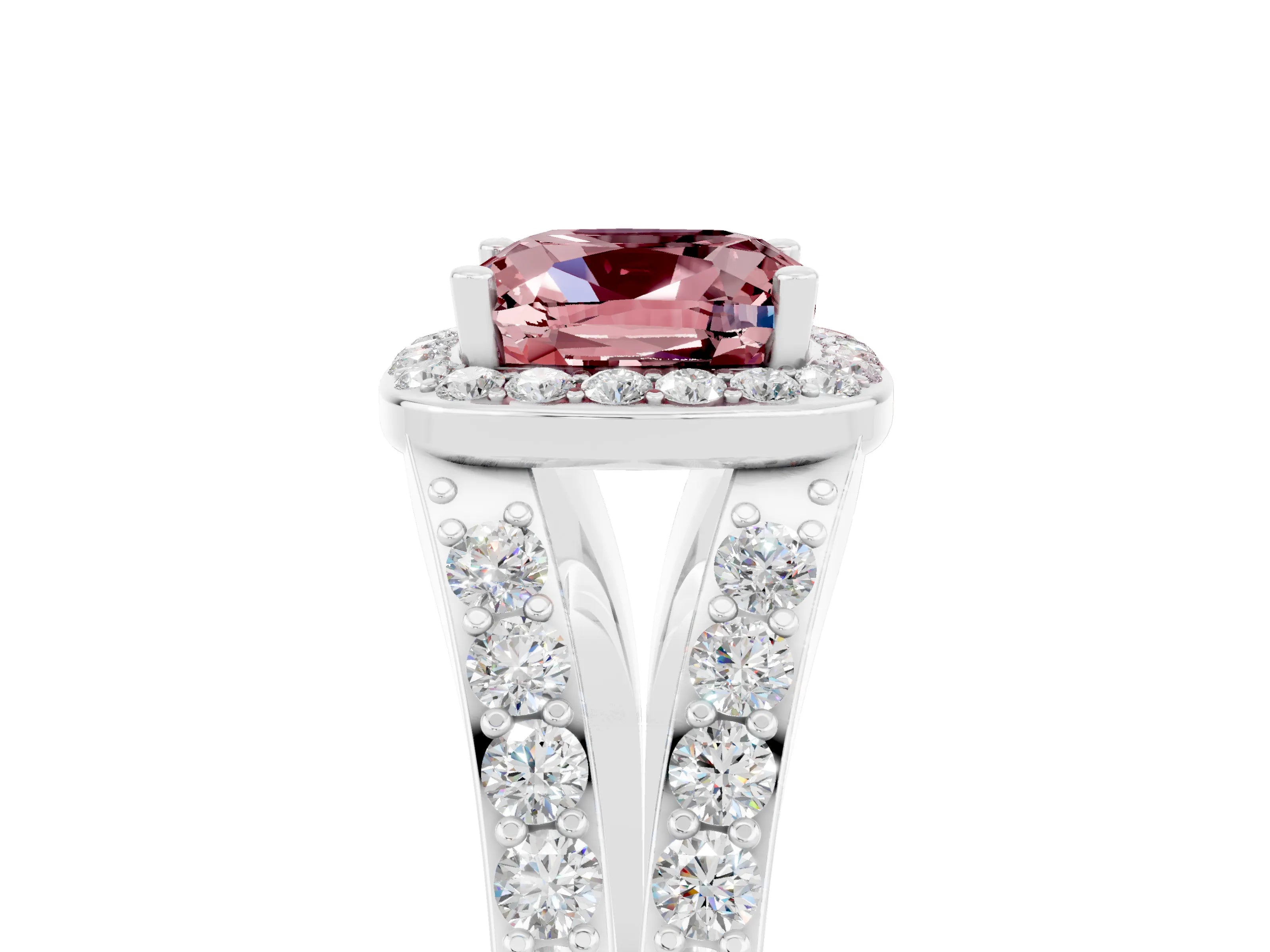 White gold Cushion Cut Morganite Split Shank Halo Ring with Four-Prong Setting_64