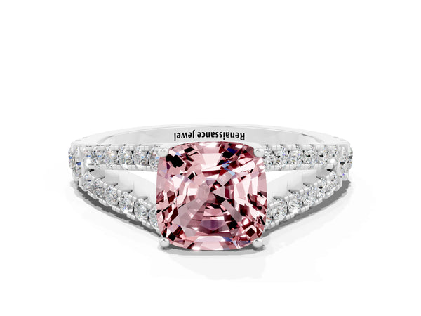 Silver Cushion Cut Morganite Split Shank Pavé Engagement Ring with Four-Prong Setting